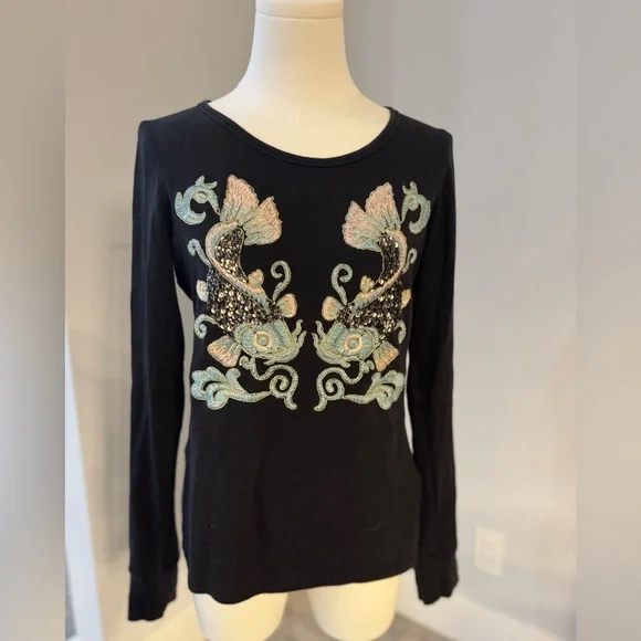 Black boho embroidered long sleeved tee - Picture 1 of 7